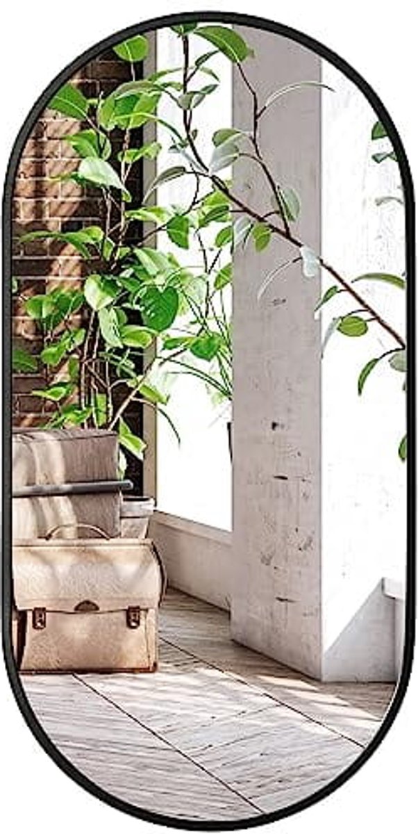 Ovale Wandspiegel 80x40 cm – Zwart Aluminium Frame – Badkamer/ Hal – Loft Design