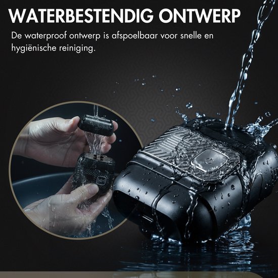 Zwart scheerapparaat onder de waterstraal, met spatten. Inzet toont handen die het apparaat onder de kraan reinigen. Tekst: "Waterbestendig ontwerp."