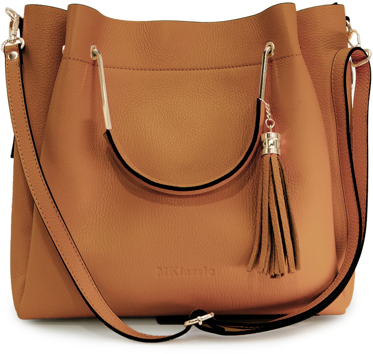 MKlassic Italiaanse damesleren handtas bruin – Elegante schoudertas met kwastje en gouden accenten – Hoogwaardige schoudertas van echt rundleer voor dagelijks gebruik en zakelijk gebruik- Made in Italy - MK03-320-44