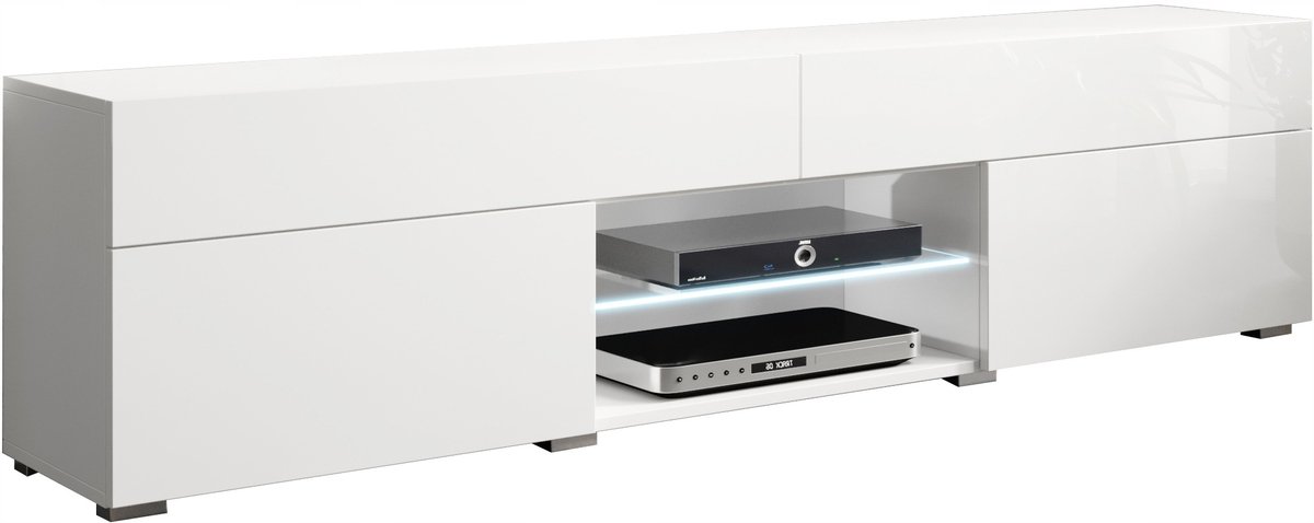 Modern TV-meubel - 180 cm breed - Wit & Wit Hoogglans - 2 Lades & 2 Klepdeuren - Inclusief LED