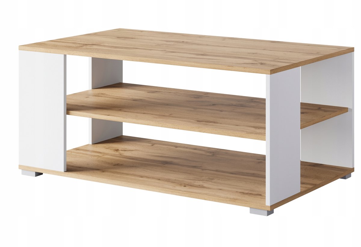 Moderne Salontafel – Koffietafel met 2 Open Planken – Wotan Eiken & Wit – 100 x 60 cm – Scandinavisch Design met Zilveren Poten