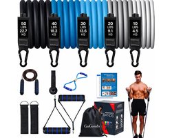 GoGoods® Resistance Band Set - Weerstandsbanden - 70kg Totaal - Fitness Elastiek met Handvaten - 15-delig - Incl. Sport Springtouw