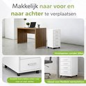 Wit ladeblok met 6 lades op wieltjes naast een houten bureau.