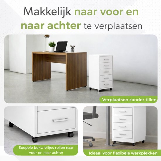 Wit ladeblok met 6 lades op wieltjes naast een houten bureau.