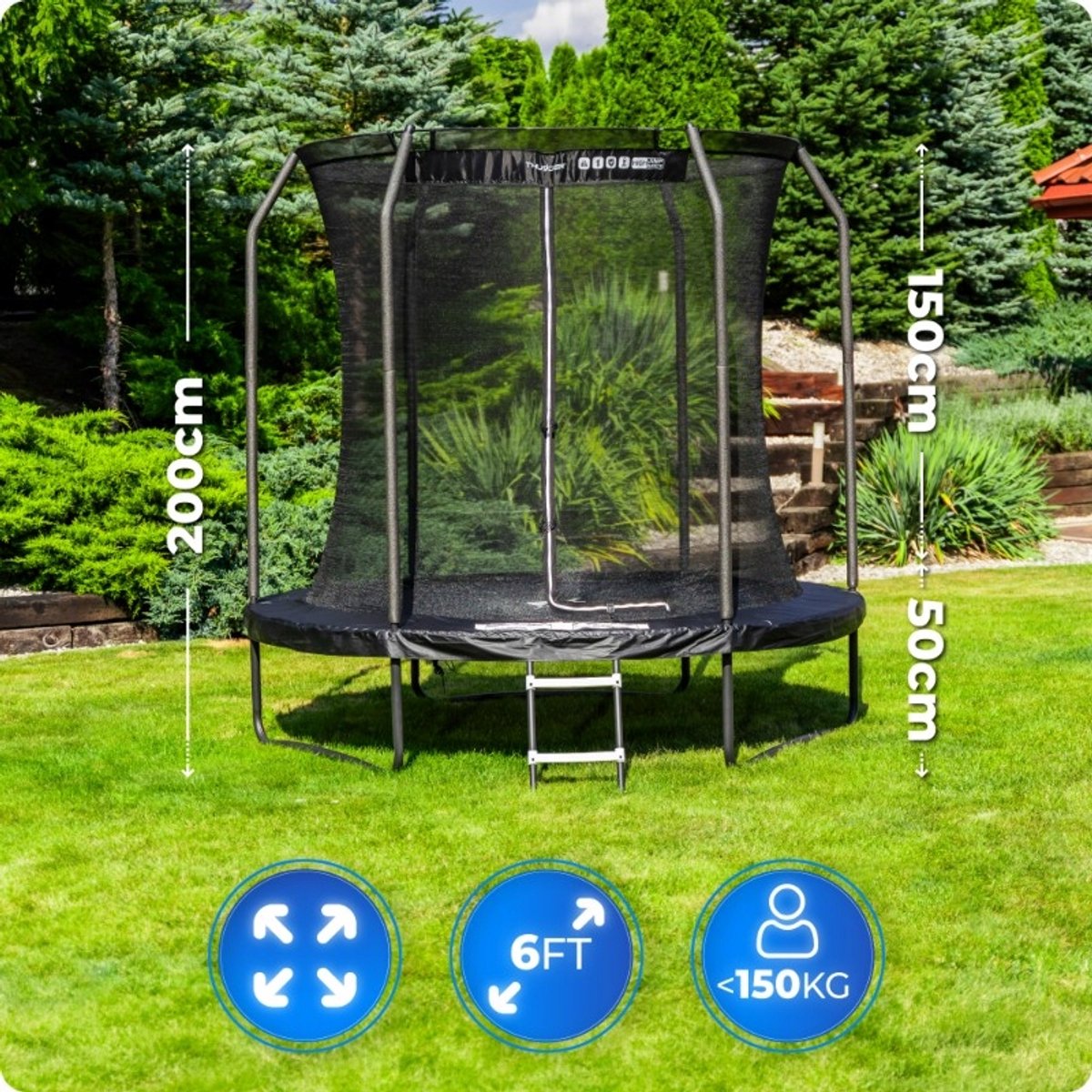 Thunder Trampoline 183 cm – Ronde Tuintrampoline – Max. 150 kg – Met Ladder – Zwart — afbeelding 11