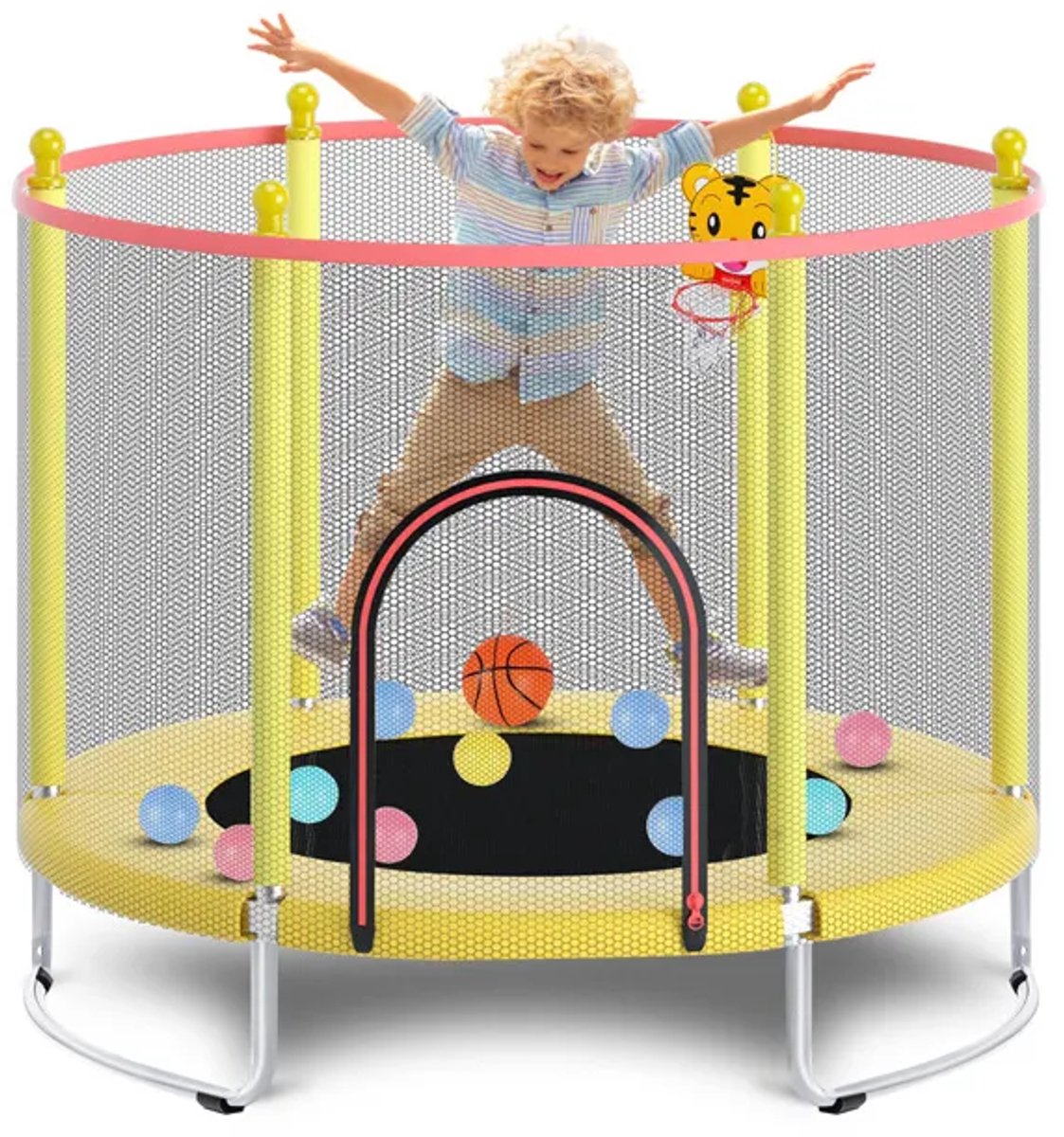 Kinder Trampoline-Ø150cm-Verhoogd veiligheidsnet-Stalen frame-Stabiele trampoline voor binnen/buiten-Geel — afbeelding 4