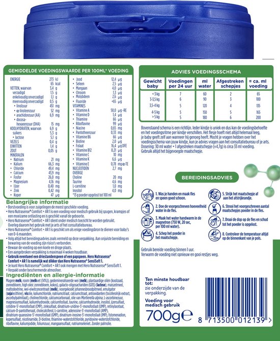 Hero Nutrasense Comfort+ AR 1 (0-6 Maanden) - Flesvoeding - Zuigelingenvoeding - Palmolievrij - 3x 700 gram van Merkloos — afbeelding 4