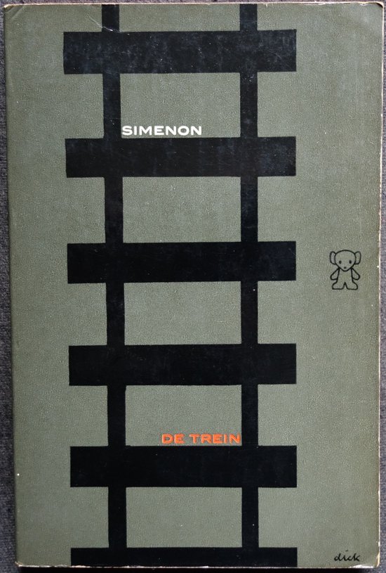 Couverture de livre avec un motif abstrait de voie ferrée en noir et gris, avec les titres 'SIMENON' et 'DE TREIN'.