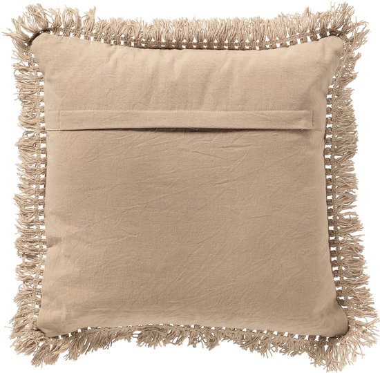 Beige sierkussen van gerecycled katoen met franjes rondom, achterkant.