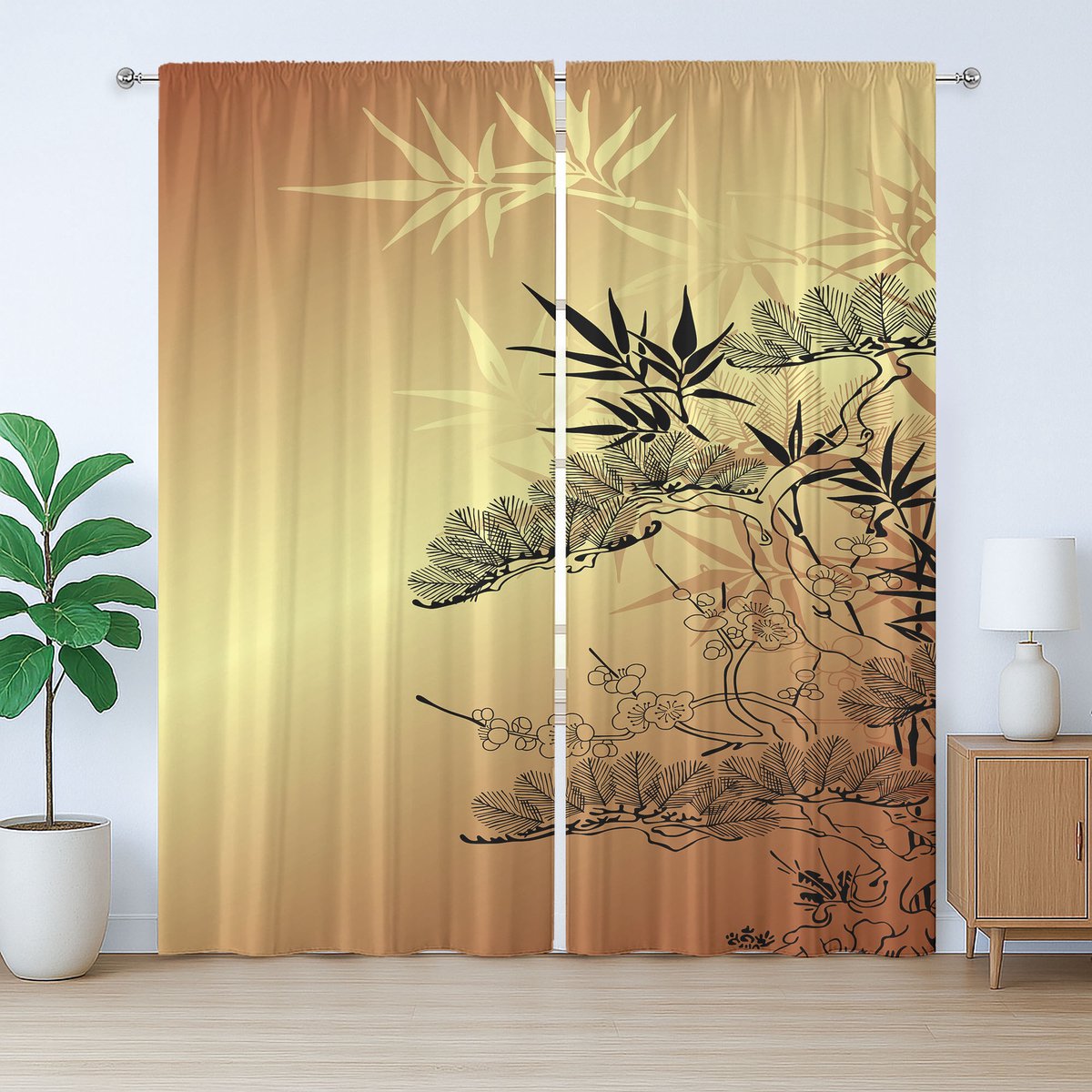 ABAKUHAUS Japanse rustieke gordijnen, bamboemotieven, universele gordijnen met lussen en haken voor de woonkamer, 280 x 245 cm, sepia zwart