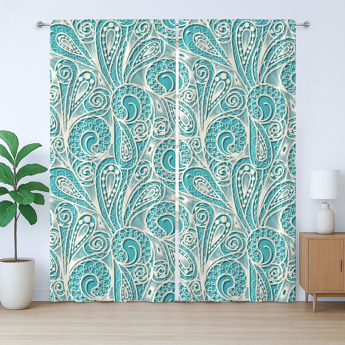 ABAKUHAUS Rustiek gordijn in turquoise en wit, vrouwelijk en modieus, slaapkamergordijn met plooien, lussen en haken, 280 x 260 cm, turquoise wit