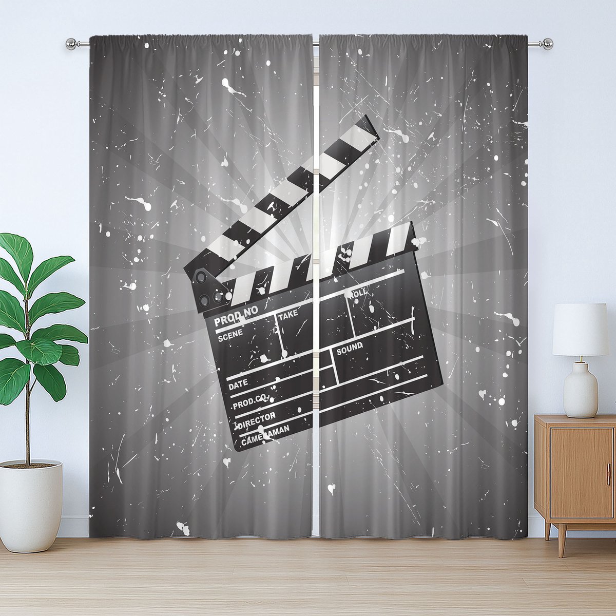 ABAKUHAUS Rustiek bioscoopgordijn, clapperboard, slaapkamergordijn met plooien en haken, 280 x 175 cm, grijs, zwart, wit