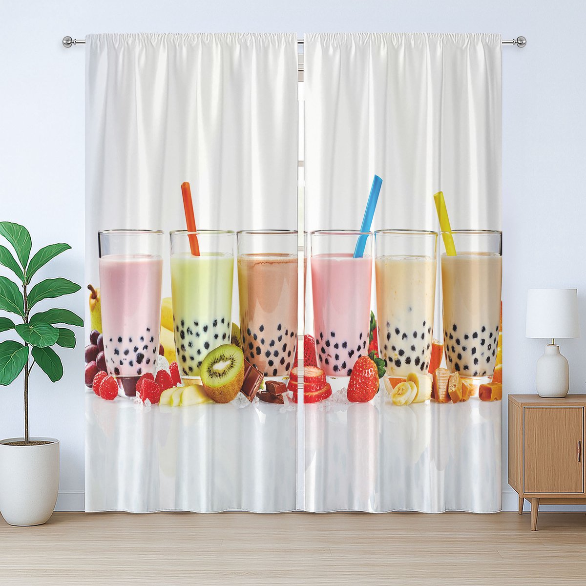 ABAKUHAUS Kleurrijk rustiek gordijn, afbeelding van geurende bubble tea, gordijn met plooien, lussen en haken, 280 x 260 cm, gebroken wit, veelkleurig