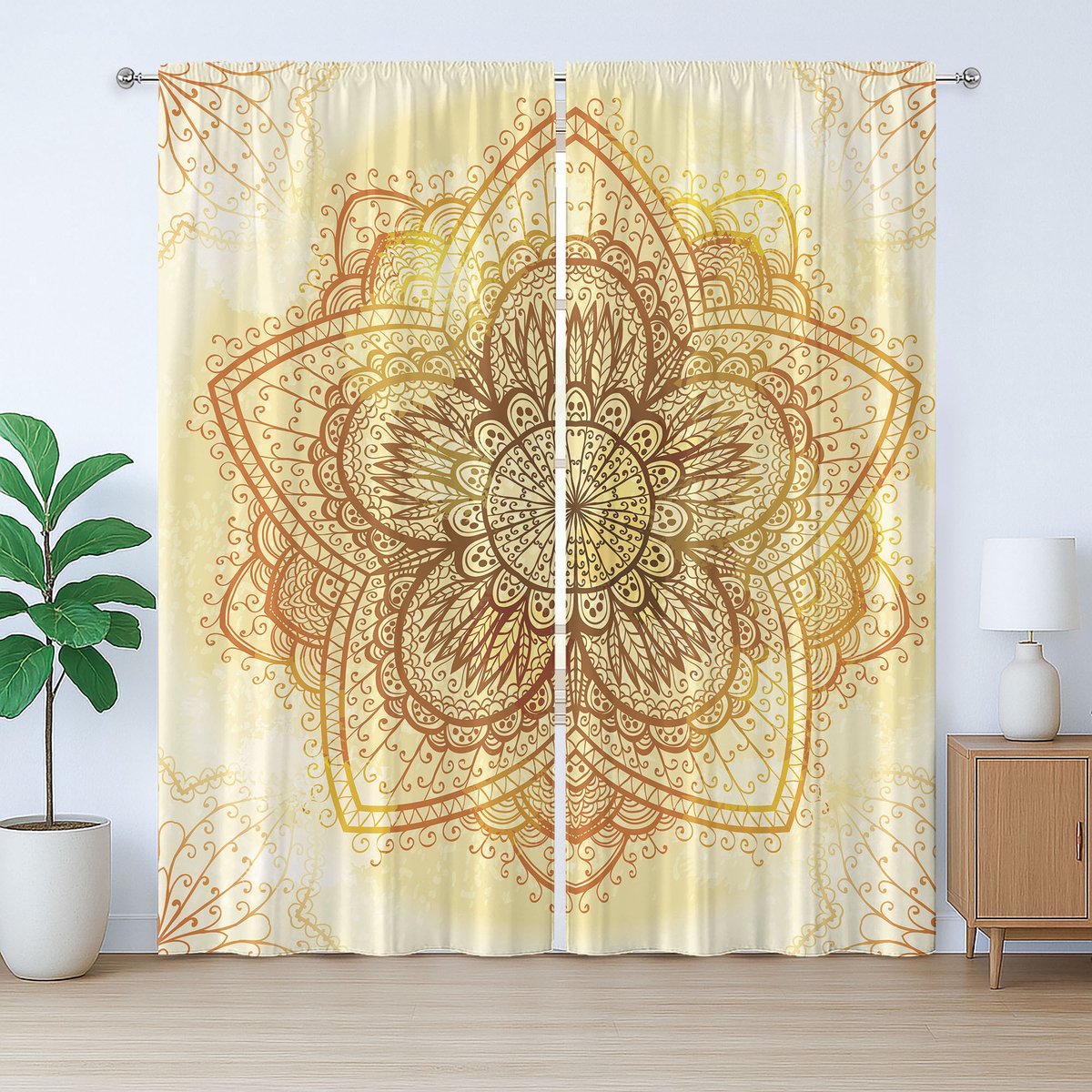 ABAKUHAUS Oosterse rustieke gordijnen, antieke mandala, slaapkamergordijn met lussen en haken, 280 x 225 cm, donkeroranje lichtgeel