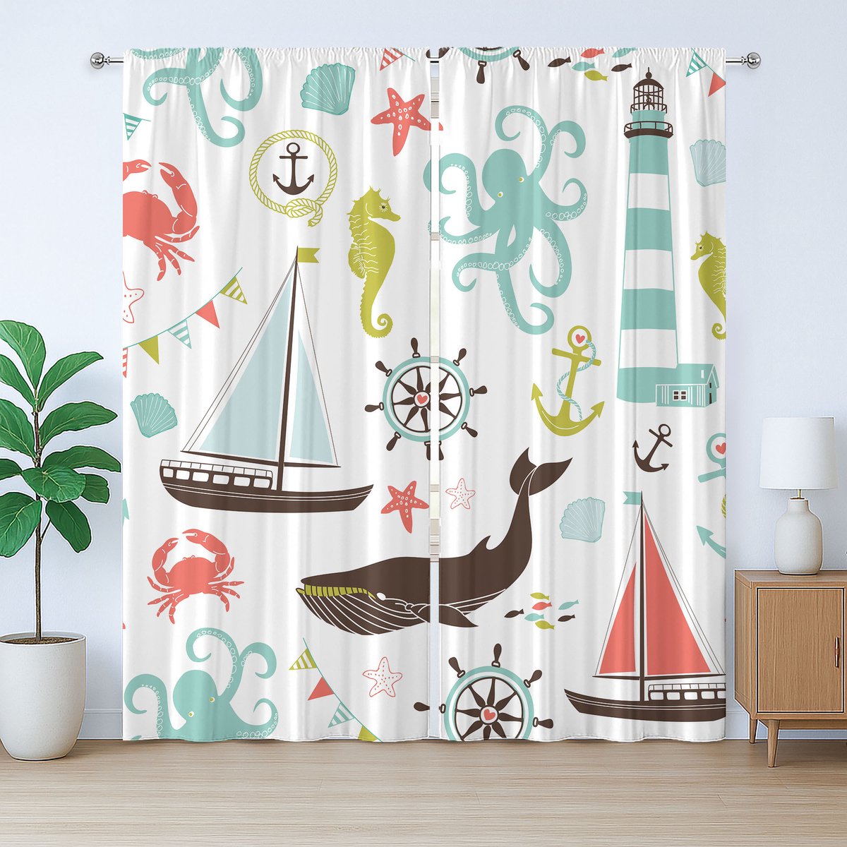 ABAKUHAUS Nautisch rustiek gordijn, pastelkleurige maritieme elementen, Gordijn met plooien, lussen en haken, 280 x 225 cm, zeegroen koraalrood