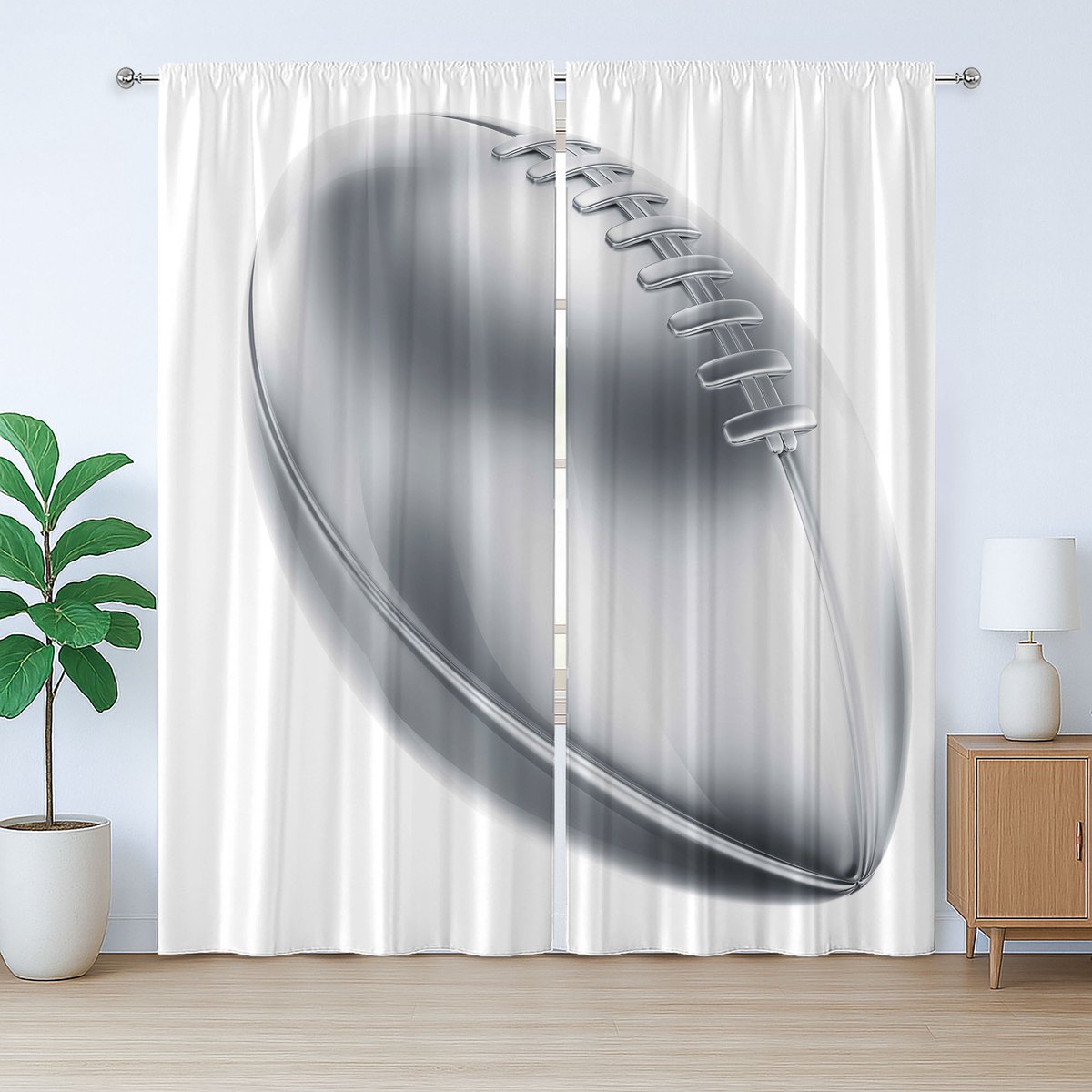 ABAKUHAUS Grijze rustieke gordijnen met American Football-motief, met lussen en haken voor de woonkamer, 280 x 225 cm, lichtgrijs wit