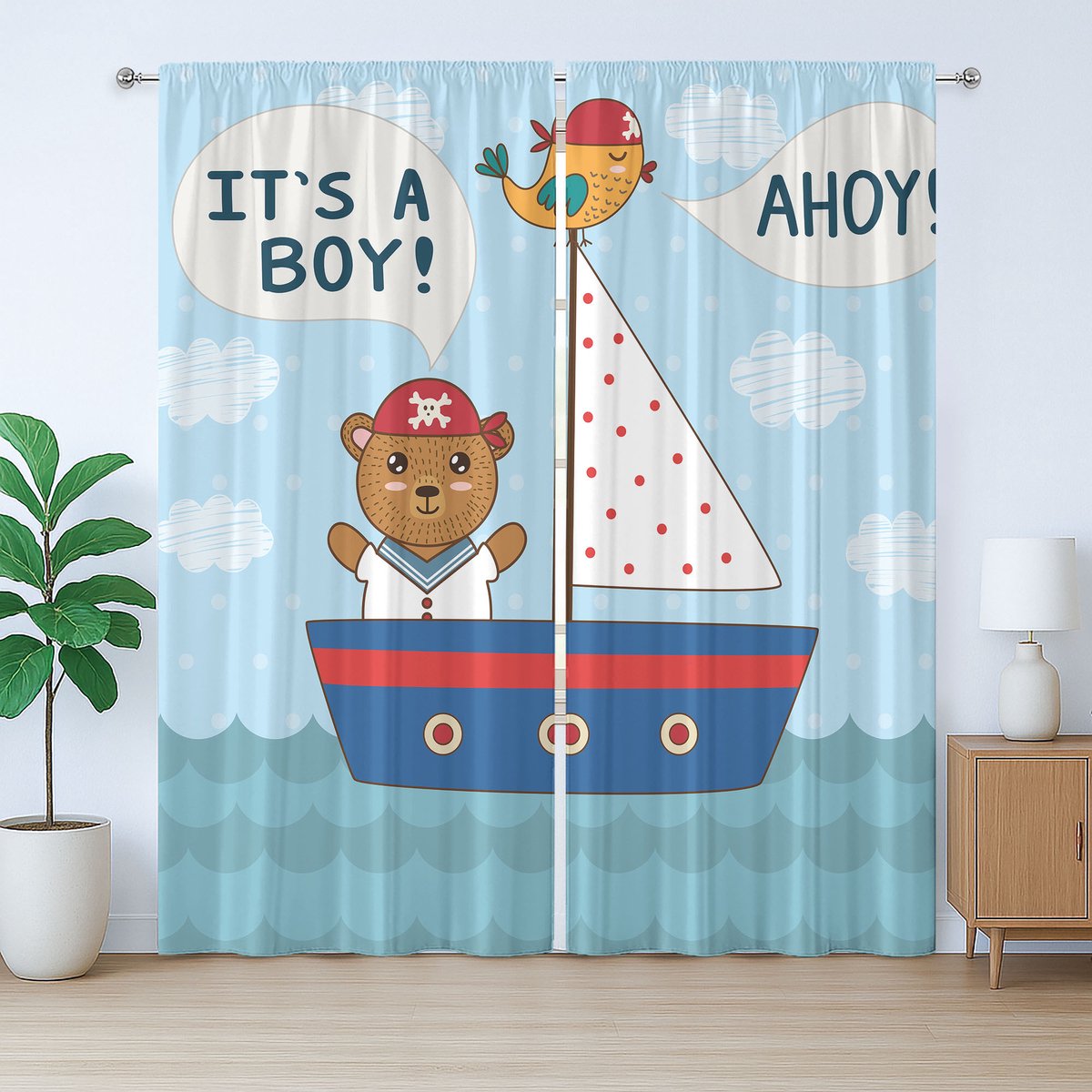 ABAKUHAUS Ahoy It's a Boy Rustiek Gordijn, Babyshower Beer, met Bandjes voor de Woonkamer met Lussen en Haken, 280 x 175 cm, Wit Blauw Rood