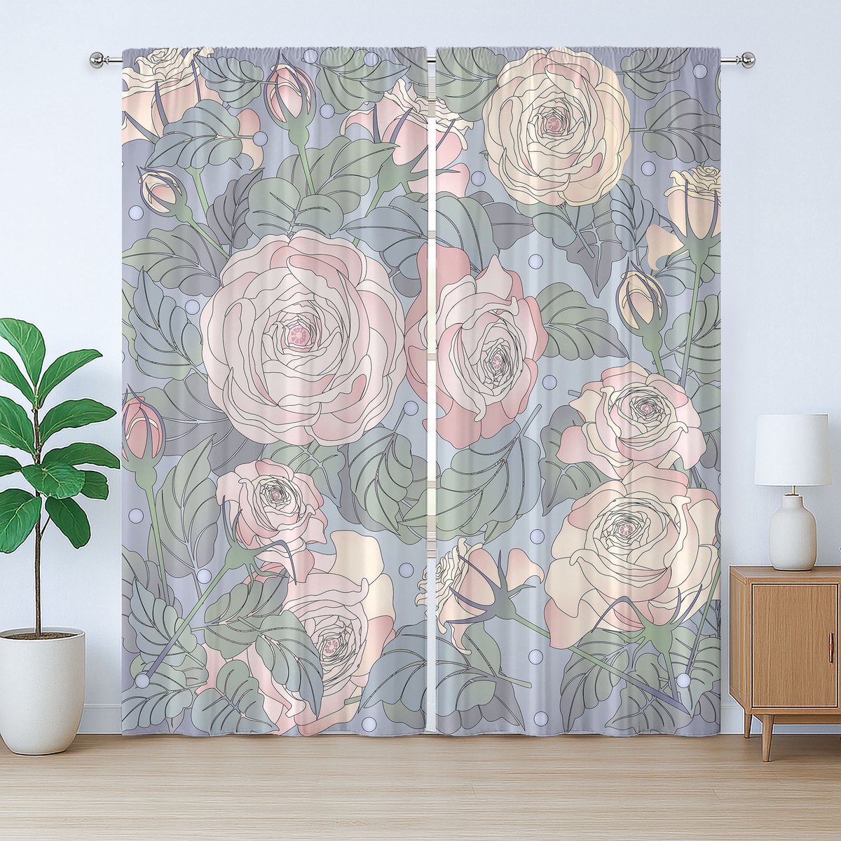 ABAKUHAUS Rustiek gordijn met bloemenprint, roze rozen, met lussen en haken voor de woonkamer, 280 x 175 cm, Blush Ceil Blue
