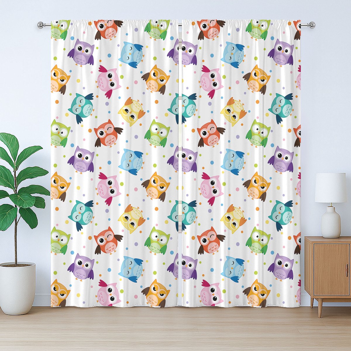 ABAKUHAUS Rustiek Kleutergordijn, Uil Gezichtsuitdrukkingen, met Bandjes voor Woonkamer met Lussen en Haken, 280 x 175 cm, Wit Paars Rood