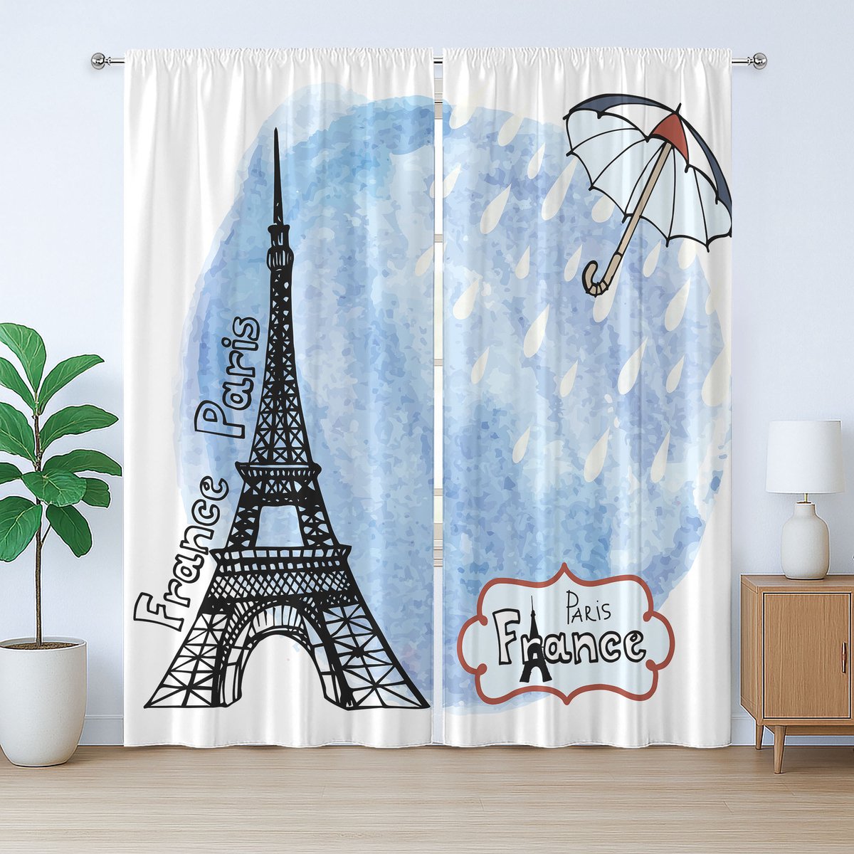 ABAKUHAUS Rustiek gordijn met Eiffeltoren, aquarel Parijs, met lussen en haken voor de woonkamer, 280 x 225 cm, blauw