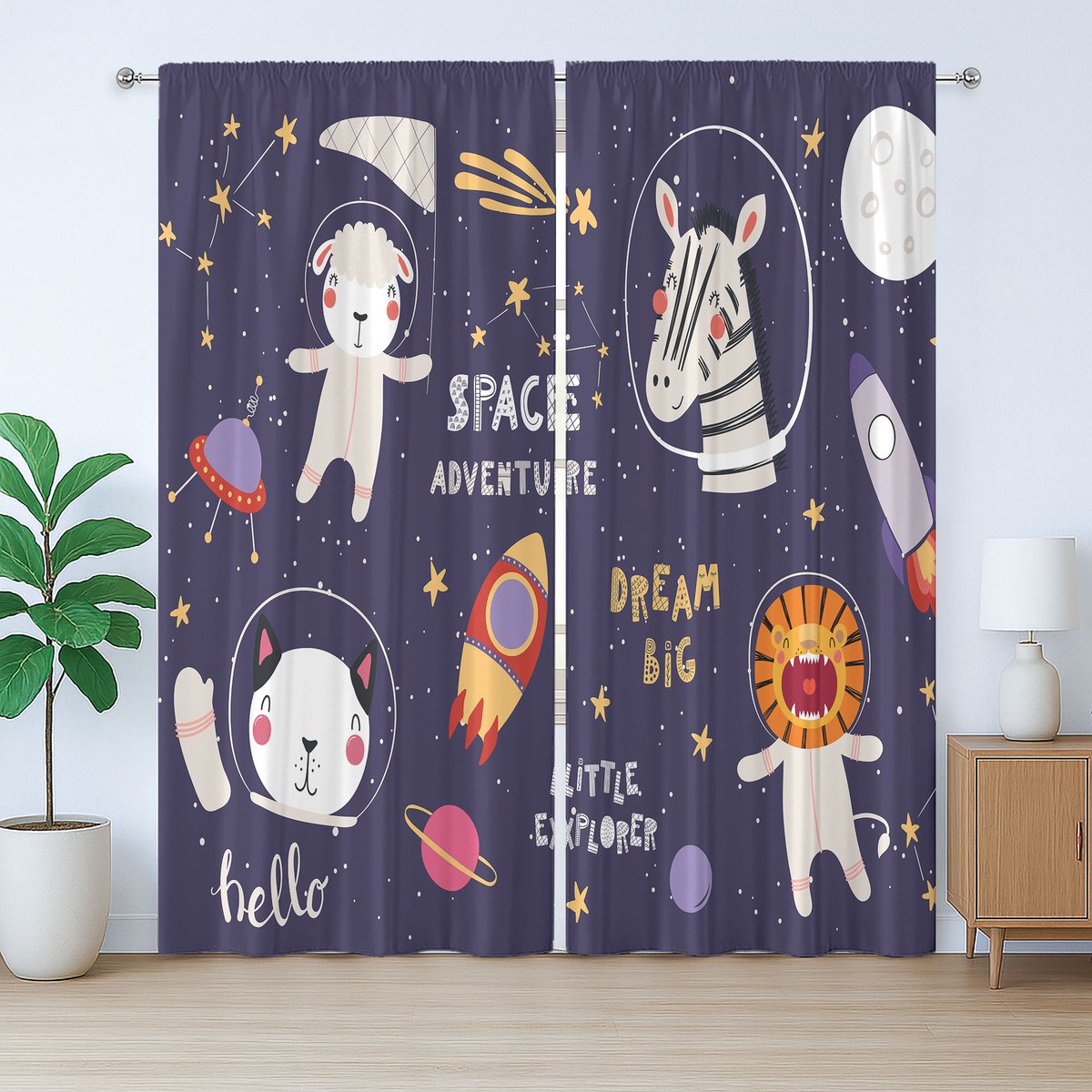 ABAKUHAUS Galaxy Rustiek Gordijn, Dierenastronaut, met Bandjes voor de Woonkamer, Lussen en Haken, 280 x 260 cm, Multicolor