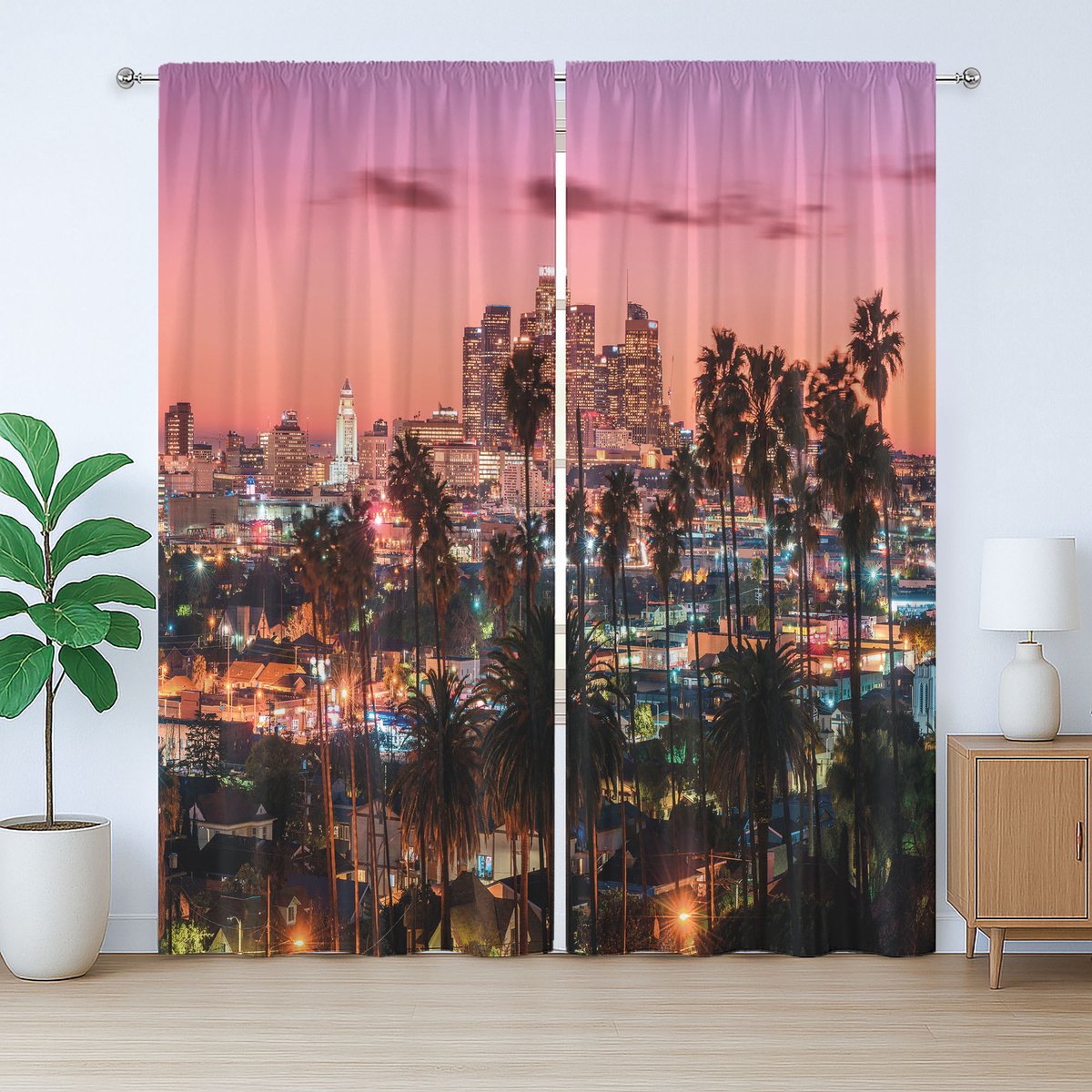 ABAKUHAUS Verenigde Staten Rustiek Gordijn, Los Angeles Palms, met Bandjes, Lussen en Haken voor de Woonkamer, 280 x 175 cm, Paars Zalmkleur