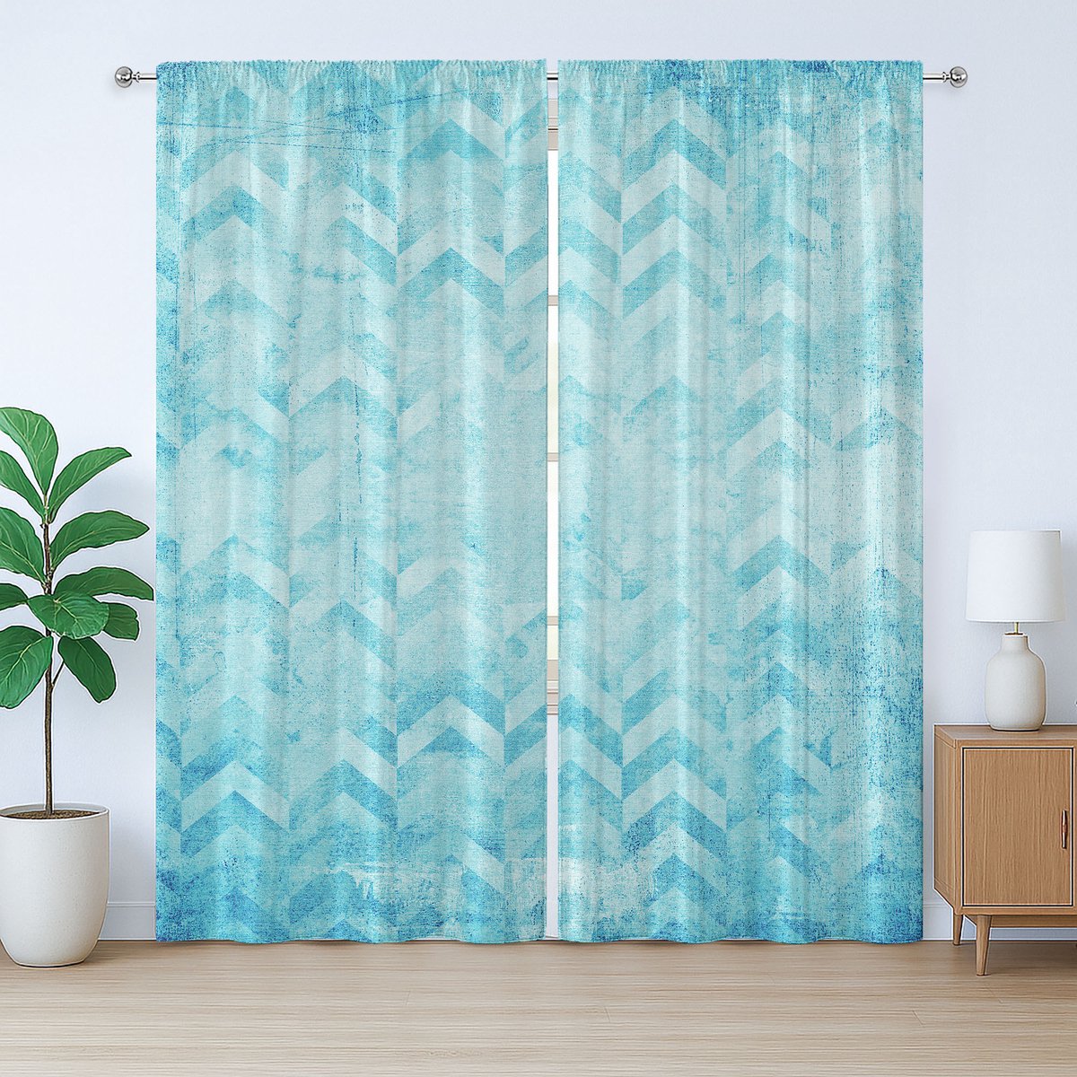 ABAKUHAUS Turquoise rustiek gordijn, geometrisch chevronpatroon, geplooid gordijn met lussen en haken voor de slaapkamer, 280 x 225 cm, turquoise