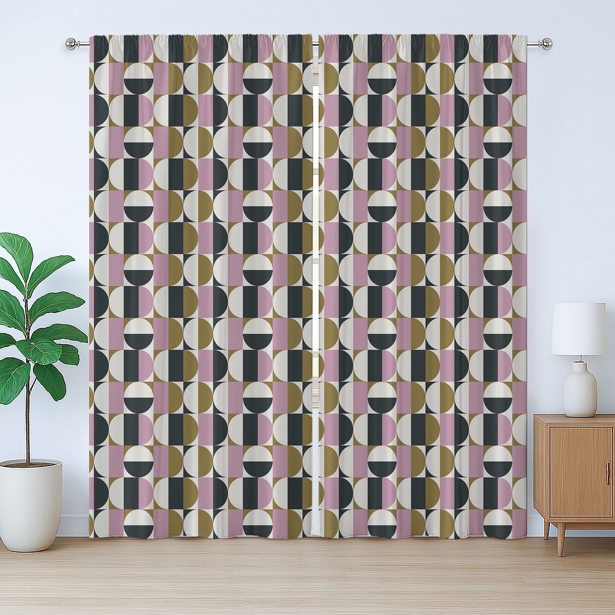 ABAKUHAUS Retro Rustiek Gordijn, Bauhaus Geometrisch Patroon, Lussen en Haken, 280 x 245 cm, Lila Licht Olijfgroen Meerkleurig