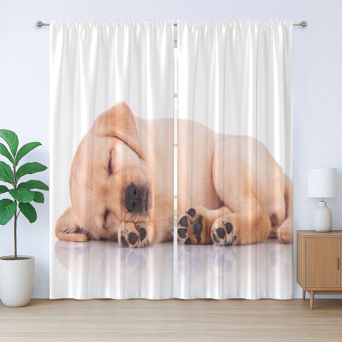 ABAKUHAUS Rustiek Gordijn met Hondenpootafdruk, Slapende Puppy, met Bandjes en Haken voor de Woonkamer, 280 x 175 cm, Warm Taupe Wit