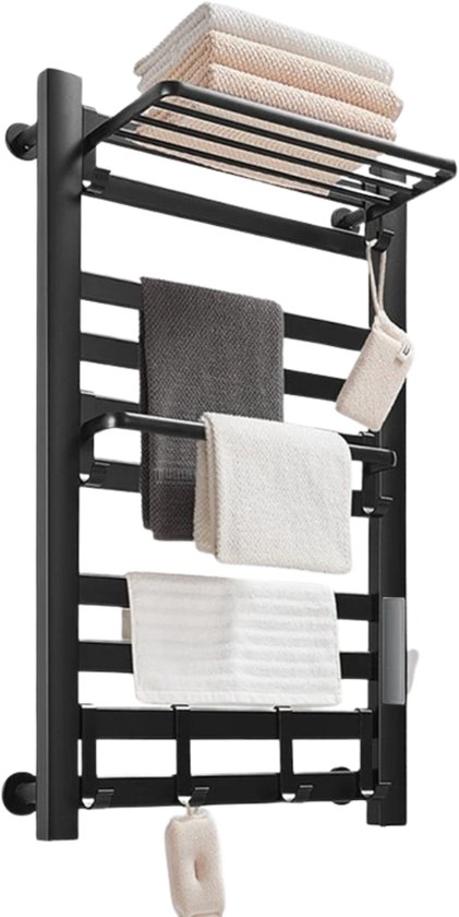 Zwarte handdoekradiator met plank, 4 droogstangen en 5 haken, met handdoeken.