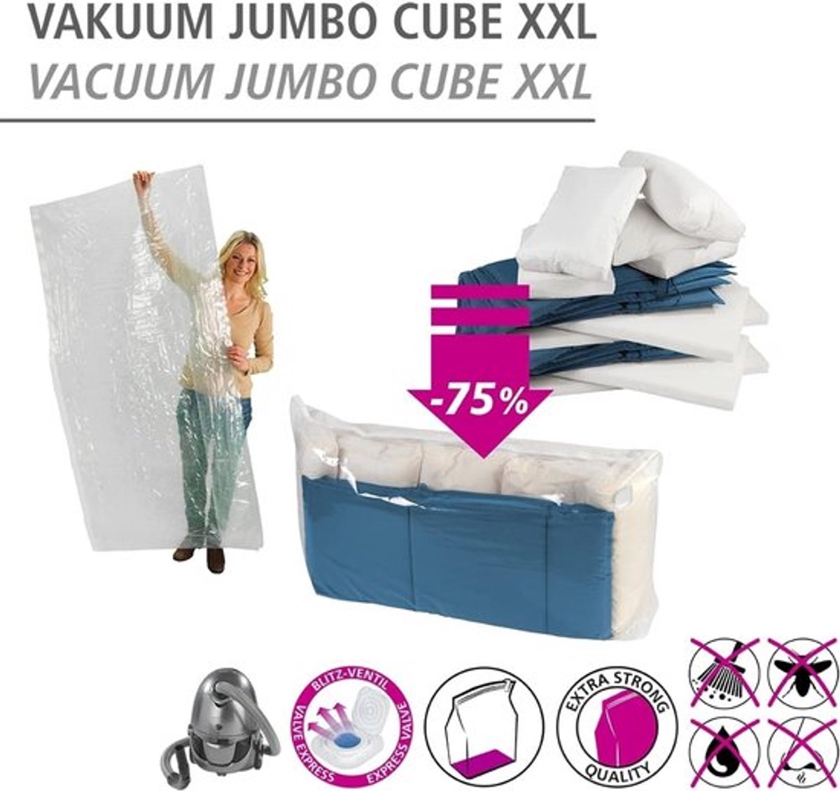 Candala XXL, vacuüm opbergzak, polyethyleen, 180 x 90 x 50 cm, transparant