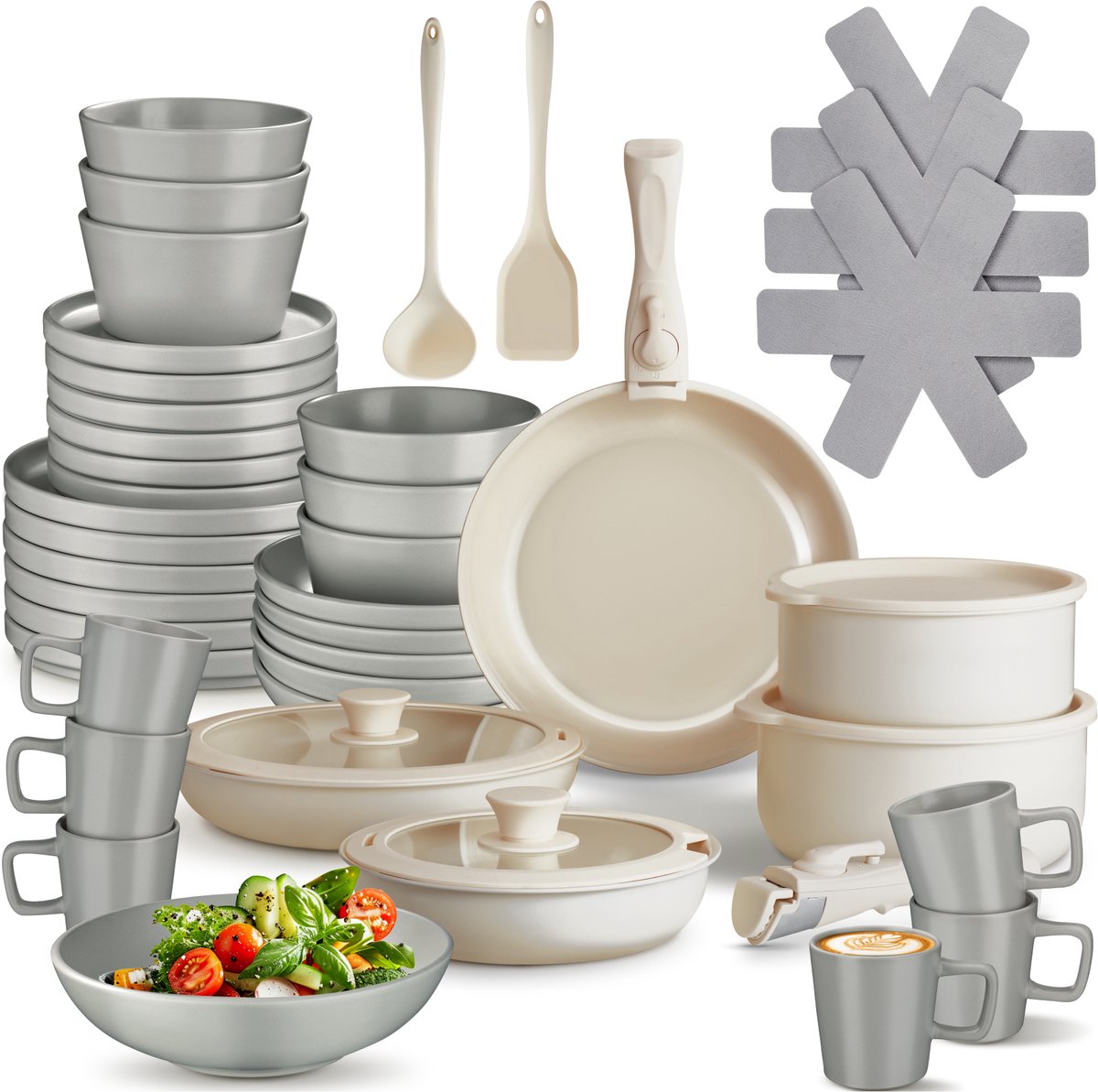 tectake® Complete Pannenset - Borden Set - Aardewerk - 40-delig - 6 Persoons - Set met Servies, Koekenpan, Spatel, Kookpan, Kommen - Pannen met Deksel en Antiaanbaklaag - Ovenbestendig - Vaatwasbestendig - Geschikt voor Inductie - Grijs/Wit