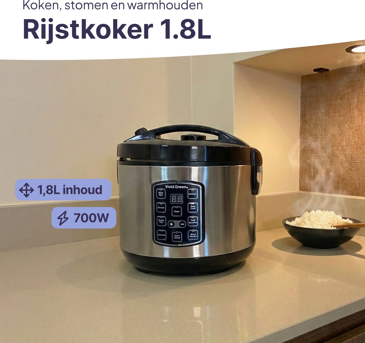 Rijstkoker met Stomer - 1.8L - Slowcooker met Timer - 10 Porties - Multicooker - Rice Cooker - RVS - Vivid Green – foto 2