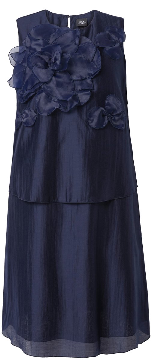 Ulla Popken - Dames - Chiffon midi-jurk bloemen-applicatie ronde hals mouwloos - Marine - Maat 60