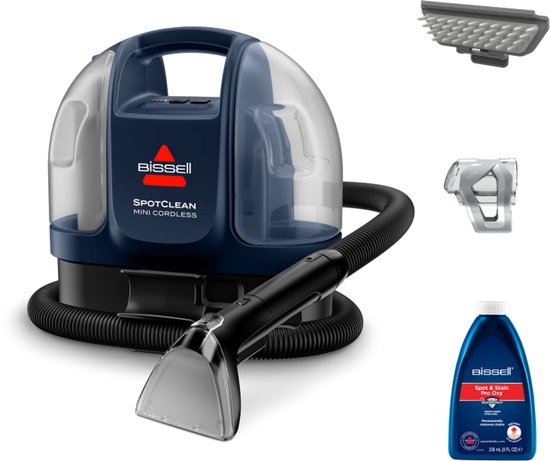 BISSELL SpotClean Mini Cordless, draadloze vlekkenreiniger met slang, hulpstuk, opzetborstel en een fles reinigingsmiddel.