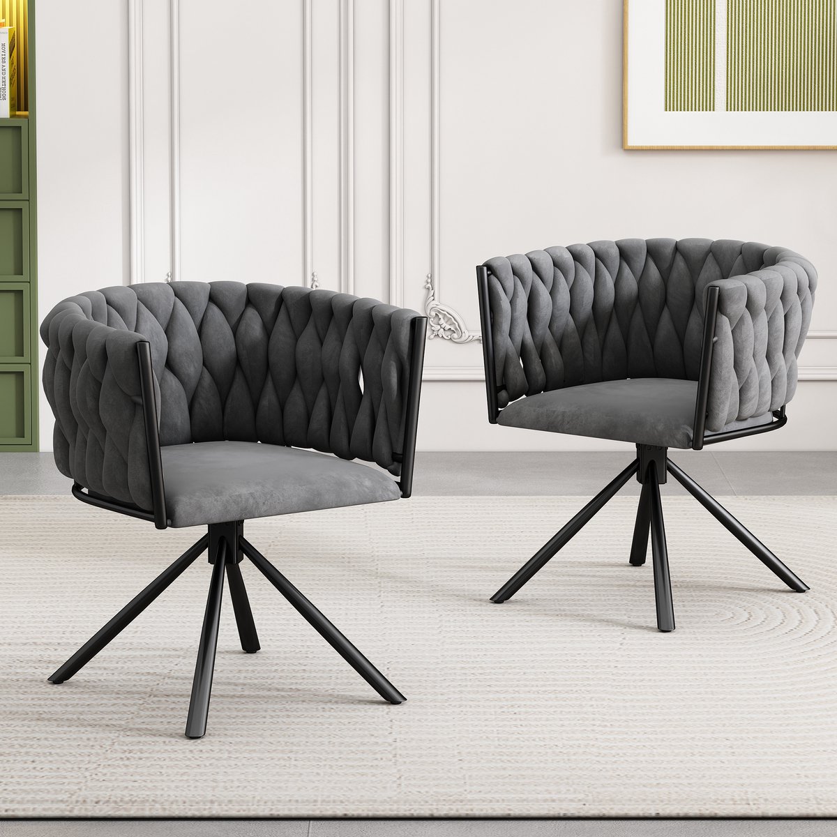 OKWISH Eetkamerstoel Set Van 2 360 Graden Draaibaar - Ergonomische Kuipvorm Met Zachte Bekleding - Voor Eetkamer Woonkamer - Fluweel - Grijs