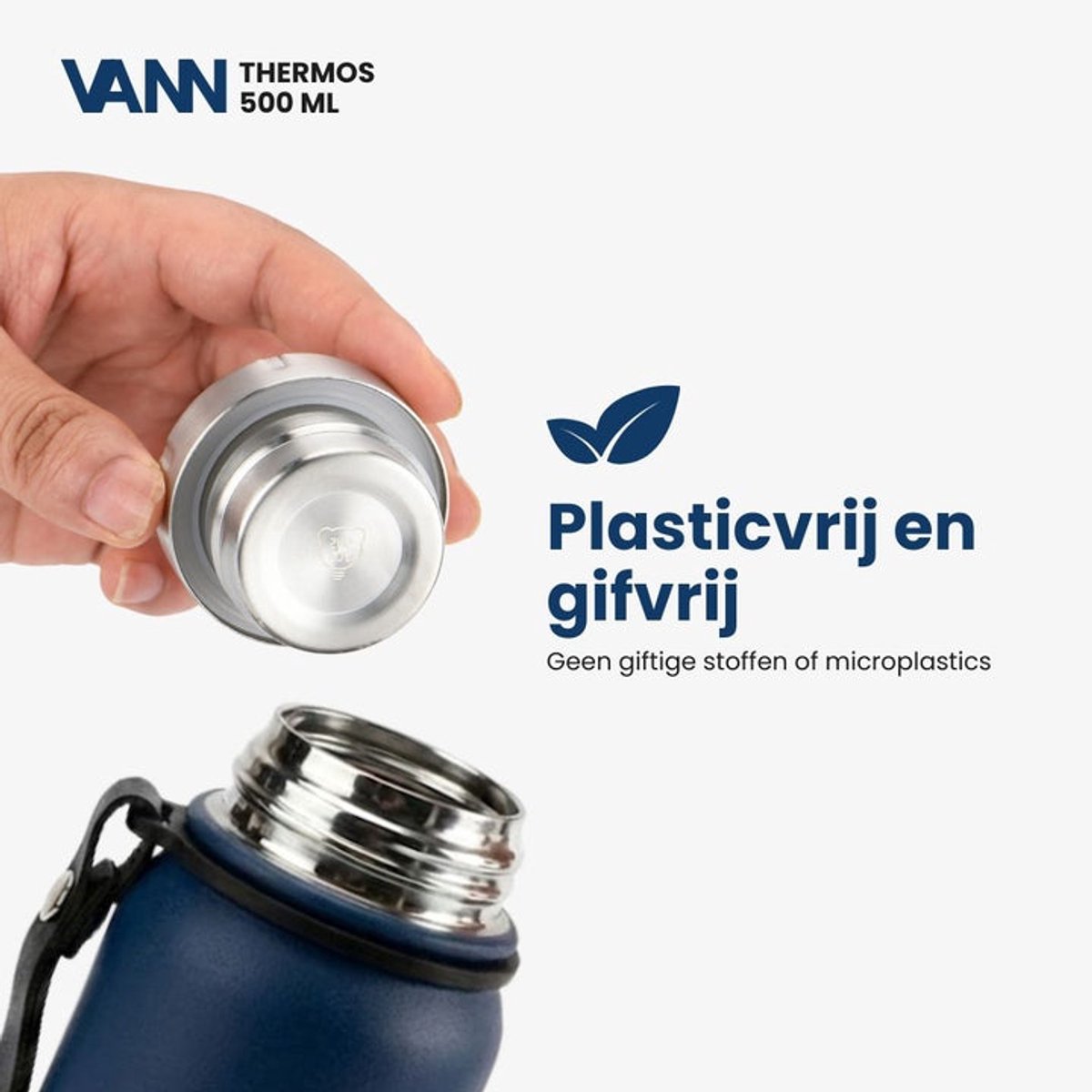 VANN® Kleine Thermoskan 500 ML – 3-Wandige RVS Thermosfles voor Koffie & Thee – 2-in-1 Dop als Beker – 100% Plasticvrij – Donkerblauw – VANN Ritual Thermos® — cadeau in Koken & Dineren - foto 6