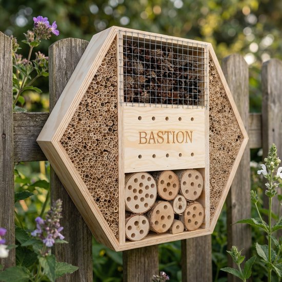 Hexagonaal houten insectenhotel met 'BASTION' gegraveerd, hangend aan een houten paal in een tuin.