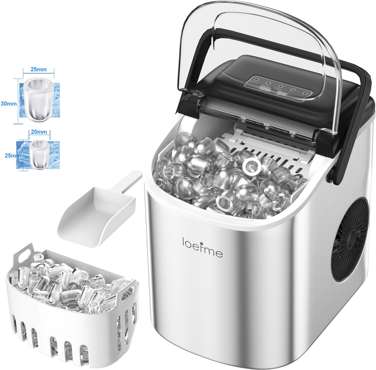 Loefme IJsblokjesmachine - 1.2 Liter - 12KG IJsblokjes in 24 uur - met IJsschep - Zelfreinigingsfunctie -Draagbaar - 9 Blokjes in 8 Minuten – RVS