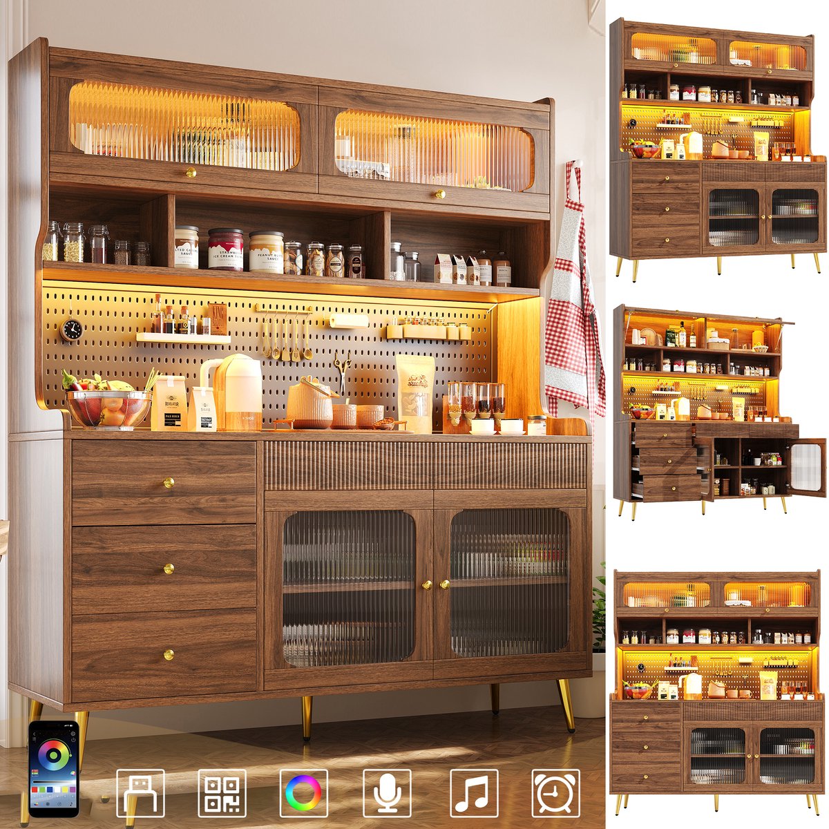 Sideboard - 145x39x171 cm - Hoge Kast met Led en App - Wandbord en Glazen Planken - Hout - Walnoot