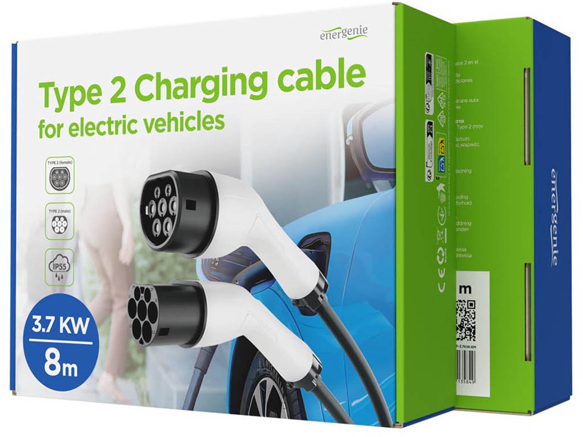 Gembird Type 2 EV-Laadkabel 3,7 kW 16 A 1-Fase, 8 m - Betrouwbare laadoplossing met Mennekes Type 2-stekker