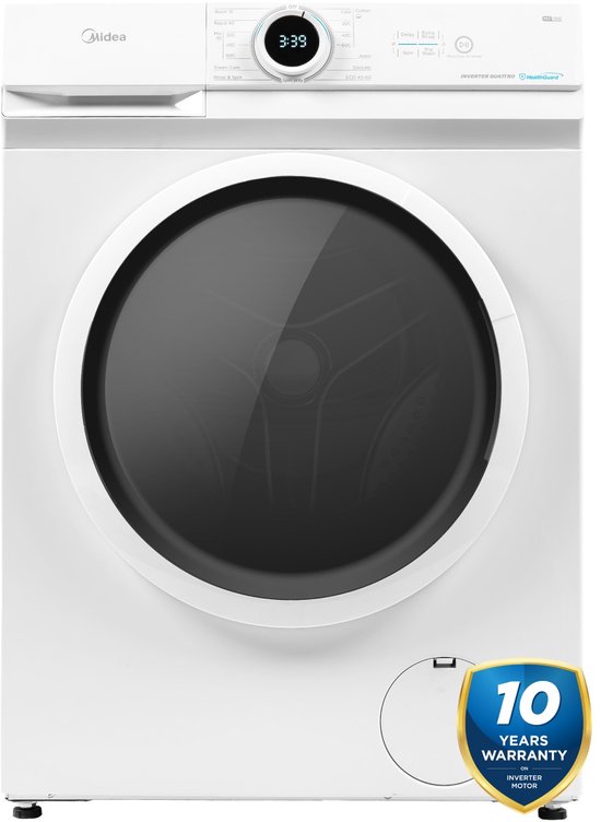 Witte Midea wasmachine met grote ronde glazen deur. Display met programma's en 10 jaar garantie sticker.