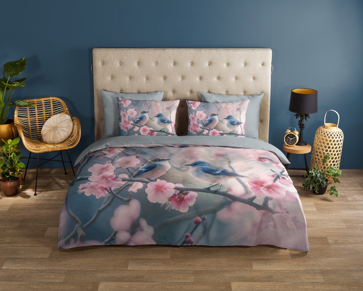 Good Morning dekbedovertrek vogels en bloesem - 2 persoons 200x200/220 cm - Grijs - 100% Katoen renforce