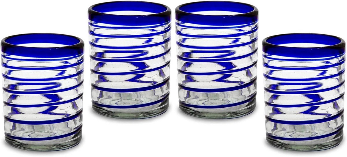 Set van 4 Handgeblazen Drinkglazen met Blauwe Spiraal - 450 ml Water- en Sapglazen