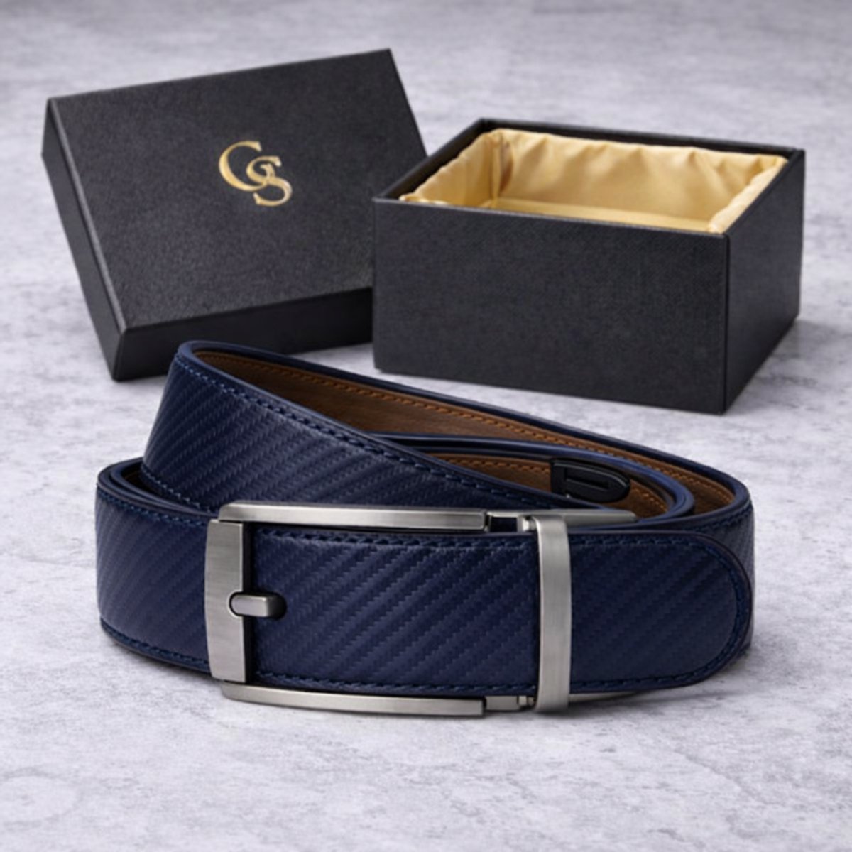GoldStandard - Riem heren - Leren riem heren - Riem zonder gaatjes - Volnerf Leer - Navy Blue Carbon