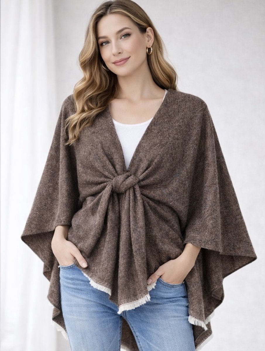 Ferand Casual gestreepte poncho-trui voor dames, veelzijdige sjaal met franjes, omslagdoek voor herfst en winter, Hooded Versie: Navy Blue & Pink, one size