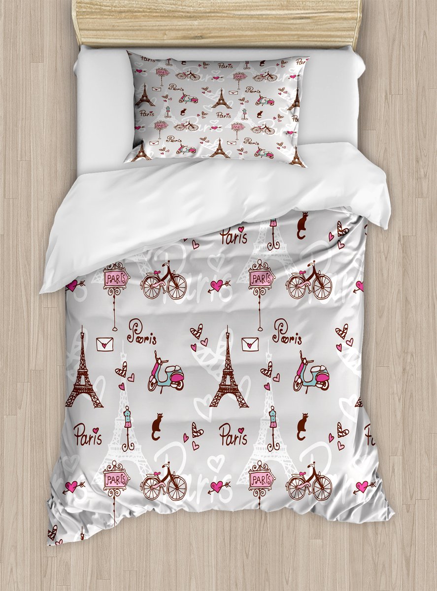 ABAKUHAUS Parijs dekbedovertrekset voor eenpersoonsbedden, met fietsen, de Eiffeltoren en hartjes, inclusief kussensloop, 130 x 200 cm