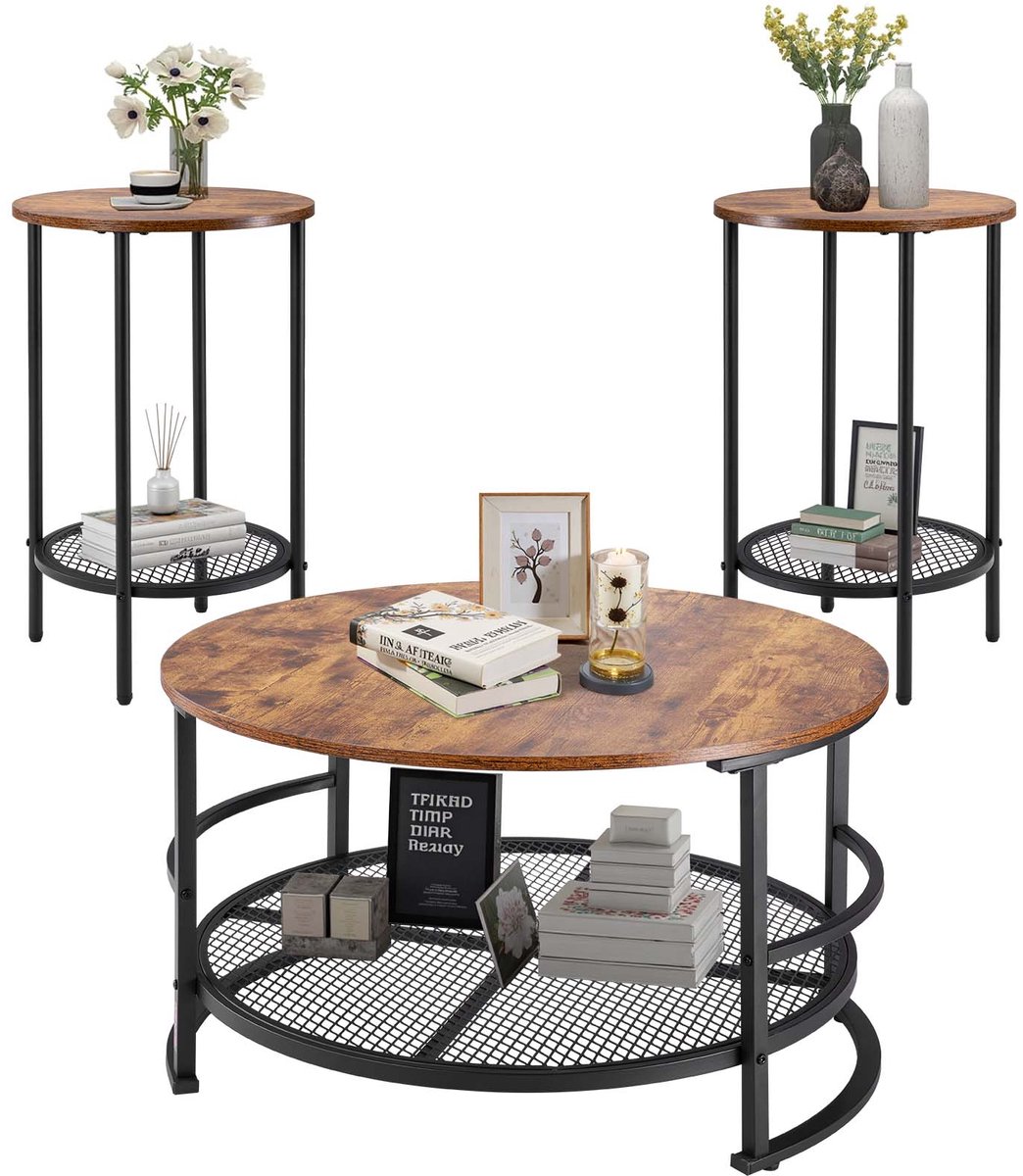 Vevor 3-Delige Ronde Salontafelset (800x465 MM), IndustriëLe Salontafel met 2 Ronde Bijzettafels (40x60CM), Bijzettafelset met Metalen Poten, In Elkaar Schuifbare Tafels voor Kantoor, Woonkamer, Appartement bruin ； zwart