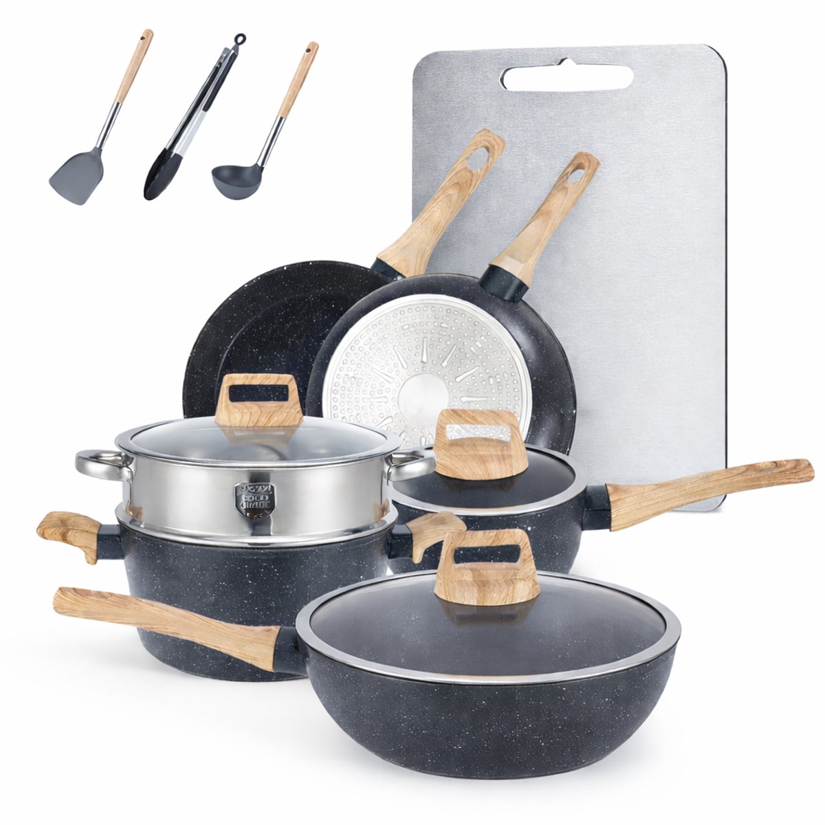 Glissimo Cookware – 13-delige Pannenset Zwart – RVS Snijplank – Aluminium Pannen met Anti-Aanbaklaag – Met Stoompan – Geschikt voor Inductie, Gas, Keramisch & Elektrisch – Met Glazen Deksels – Keukengerei – PFAS-vrij & PFOA-vrij - Pannenset Inductie
