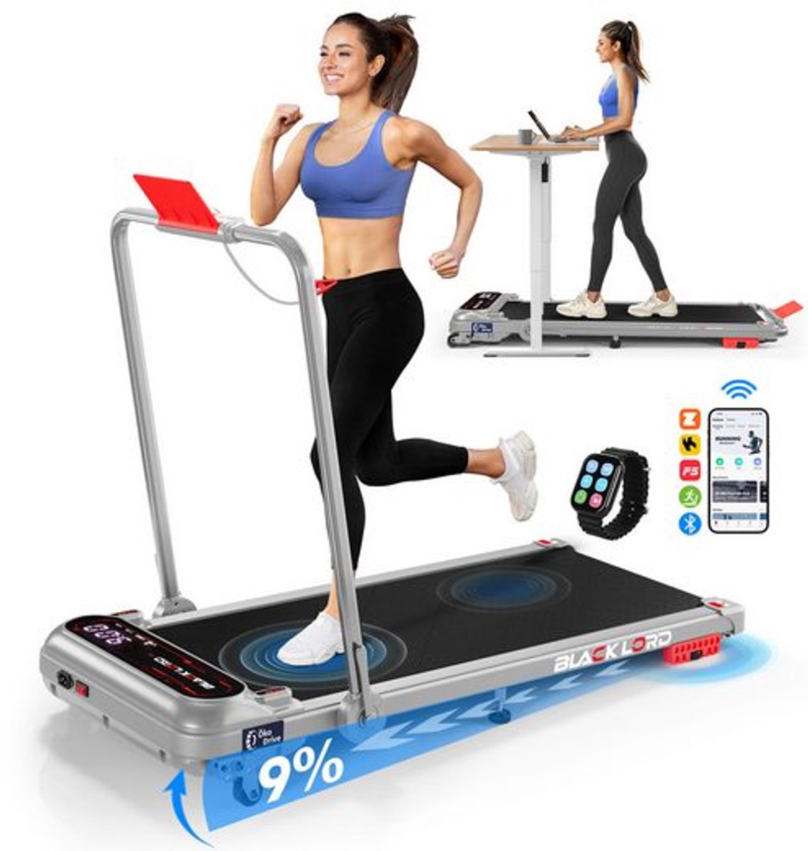 BLACK LORD X7-H - Walking Pad loopband - 3,0 PS EcoDrive™ motor - 15 km/h & 4% helling (3 niveaus) - Bluetooth app-bediening - 39 cm breed loopvlak - Inklapbaar voor onder het bureau